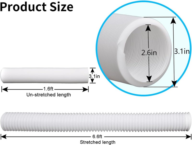Prestantious Extra Extension Flexible Pipe for 3.1” Pipe, 2.6 inches ID, 3.1 inches OD, Stretched Length 6.6ft, White - Image 2